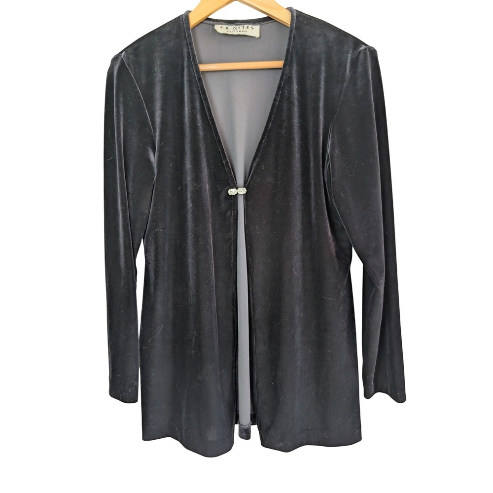 JR Nites by Caliendo Black Velvet Rhinestone Clasp‎ Cardigan Long Sleeve Jacket